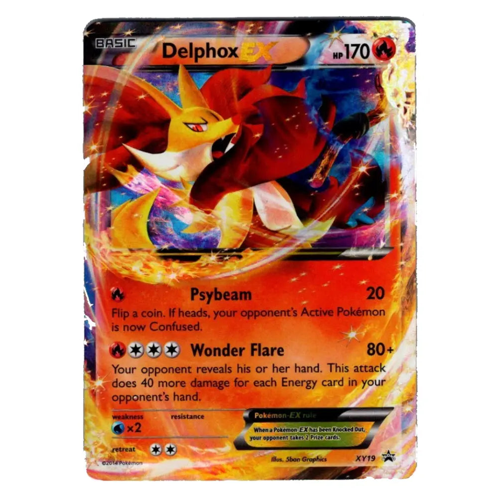 A Pokémon EX-Base trading card featuring Delphox, a Fire/Flying type card with a red and orange illustration, set against a plain white background.