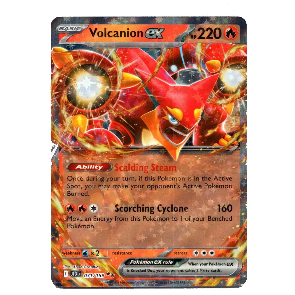 A single Pokémon trading card featuring Volcanion EX from the Basic set, with artwork of the red volcanic Pokémon and card text showing Scalding Steam and Scorching Cyclone.