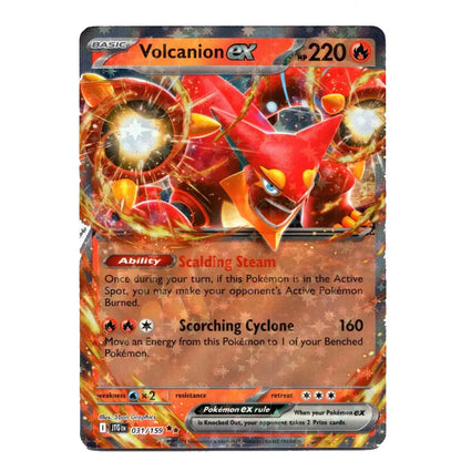 A single Pokémon trading card featuring Volcanion EX from the Basic set, with artwork of the red volcanic Pokémon and card text showing Scalding Steam and Scorching Cyclone.