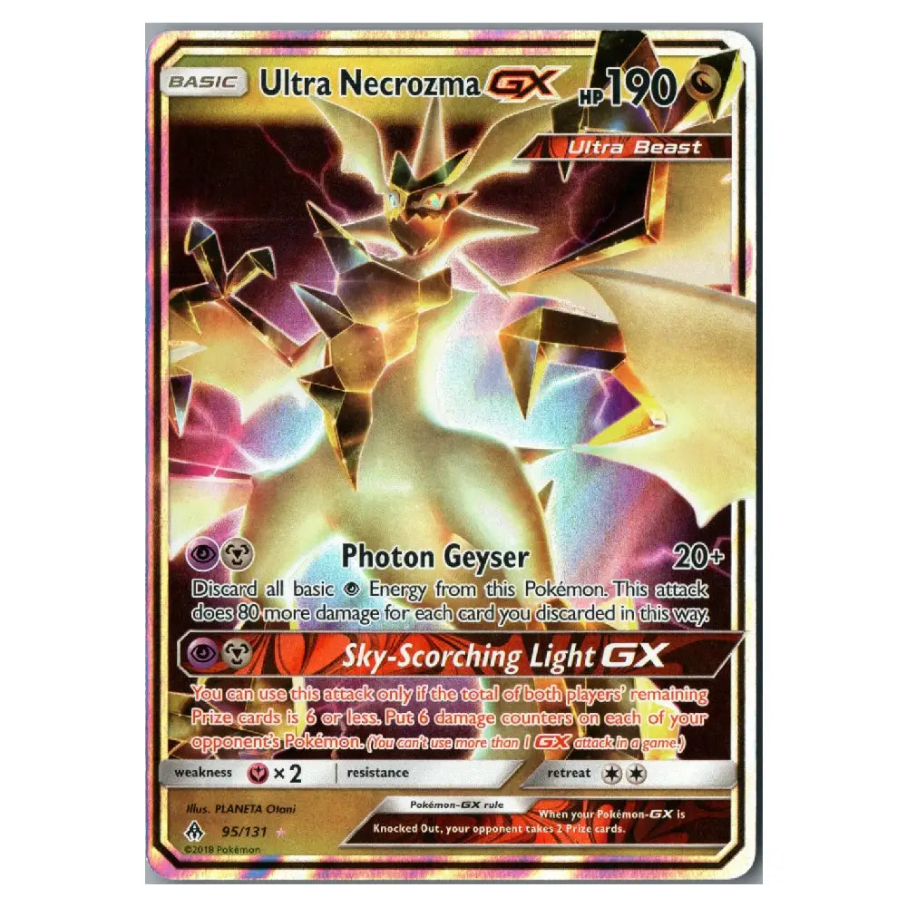 A single Pokémon trading card featuring Ultra Necrozma GX, with holographic rainbow iridescence and a silver-bordered card design on a plain white background.