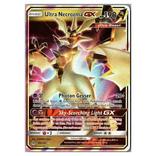 A single Pokémon trading card featuring Ultra Necrozma GX, with holographic rainbow iridescence and a silver-bordered card design on a plain white background.