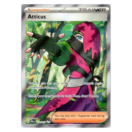 A Pokémon TCG Atticus Supporter card with a silver holographic border, featuring an illustration of a ninja in pink and green clothing against a forest background.