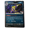 A holographic Pokémon trading card of Toxtricity from the 2024 Eevee TCG release, featuring a purple and yellow Toxtricity illustration with a dark blue border and a glittery black frame.