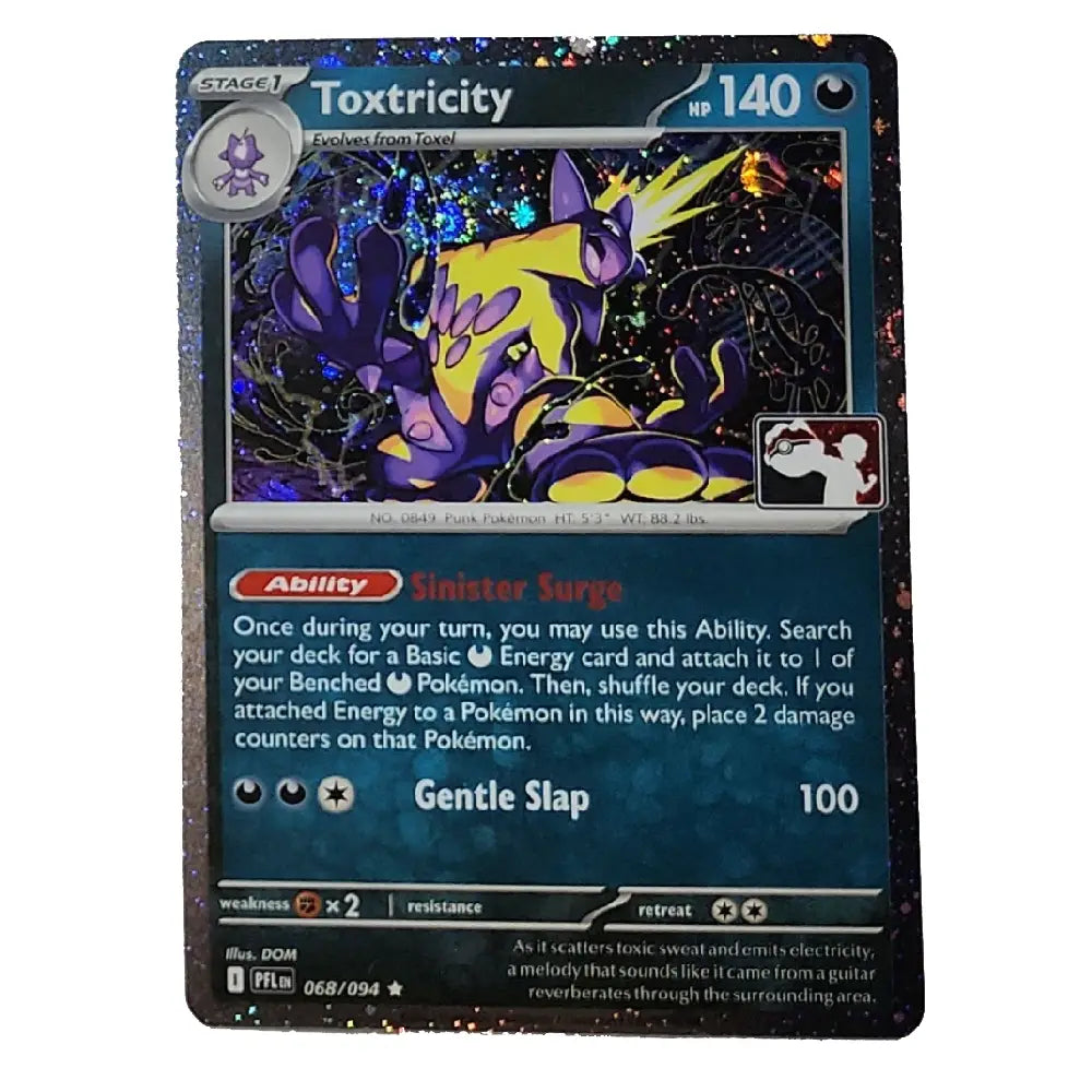 A holographic Pokémon trading card of Toxtricity from the 2024 Eevee TCG release, featuring a purple and yellow Toxtricity illustration with a dark blue border and a glittery black frame.