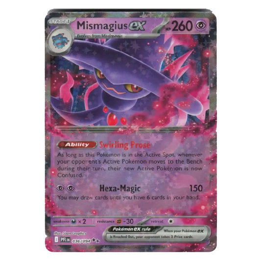 A holographic Pokémon TCG card of Mismagius EX from the Evolving Skies expansion, featuring a purple and pink illustration of Mismagius on a dark, sparkly background.