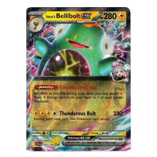 A single Pokémon trading card featuring Iono's Bellibolt EX, with a large green creature illustration, colorful electric-themed artwork, and card text including 'Electric Streamer' and 'Thunderous Bolt'.