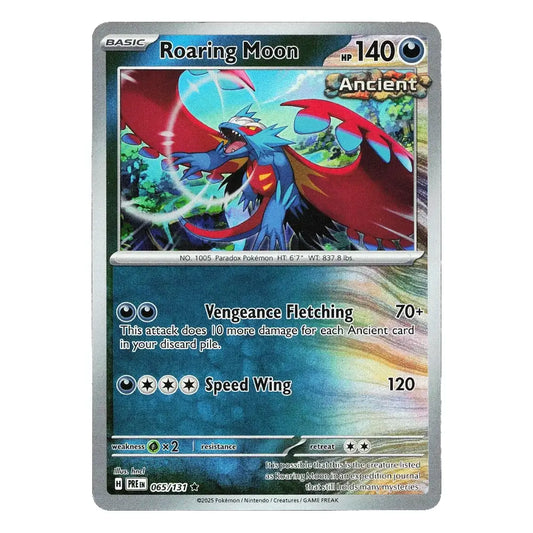 A single Pokémon trading card for Roaring Moon from the Basic set, shown against a plain white background. The card features artwork of a blue dragon with red wings, and visible text including 'BASIC', 'Roaring Moon', 'Ancient', and attack names and power levels.