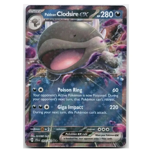 A single Pokémon trading card featuring Paldean Clodsire EX, with artwork of the creature and purple poison spores on a dark background. The card includes text for Poison Ring and Giga Impact and shows the Paldean clan logo in the top left.