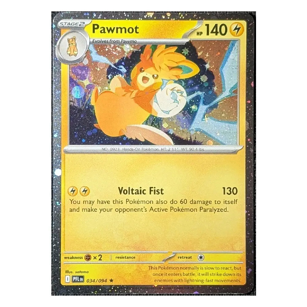 A single Pokémon trading card featuring Pawmot, a Stage 2 Electric-type Pokémon. The card has a yellow lower half with the name 'Pawmot' at the top, artwork of the character in the center, and stats including '140' and '130'.