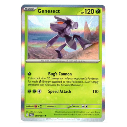 A holographic Pokémon TCG trading card of Genesect from the Paldean Fates expansion, featuring a silver holographic border and a green card body with artwork of the purple dragon Pokémon.