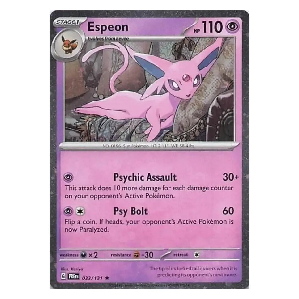 A single Pokémon trading card featuring Espeon, shown against a plain white background. The card has a dark gray border, a pink upper section, and a pink lower section with attack text including Psychic Assault and Psy Bolt.