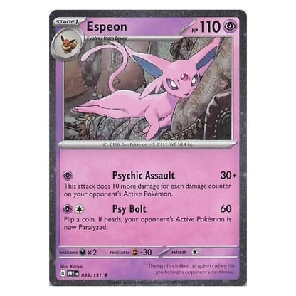 A single Pokémon trading card featuring Espeon, shown against a plain white background. The card has a dark gray border, a pink upper section, and a pink lower section with attack text including Psychic Assault and Psy Bolt.