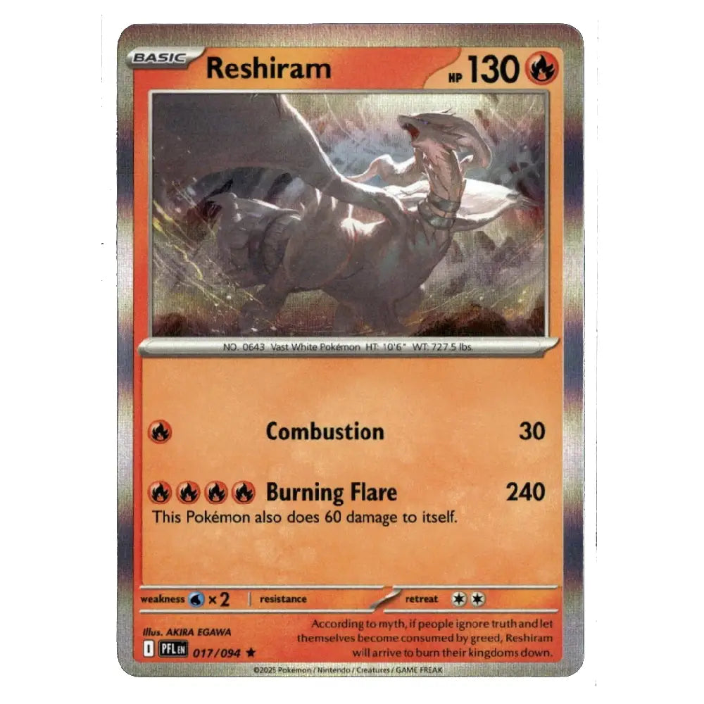 A single Pokémon trading card for Reshiram from the Basic set, featuring artwork of the creature and orange text boxes on a metallic silver card border.