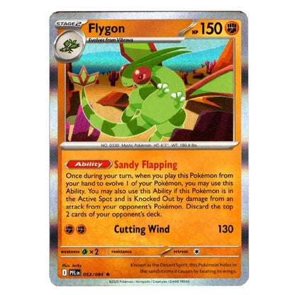 A single Pokémon trading card for Flygon, shown straight-on against a plain white background. The card has a silver holographic border, orange and yellow text panels, and artwork of a green dragon-like creature.
