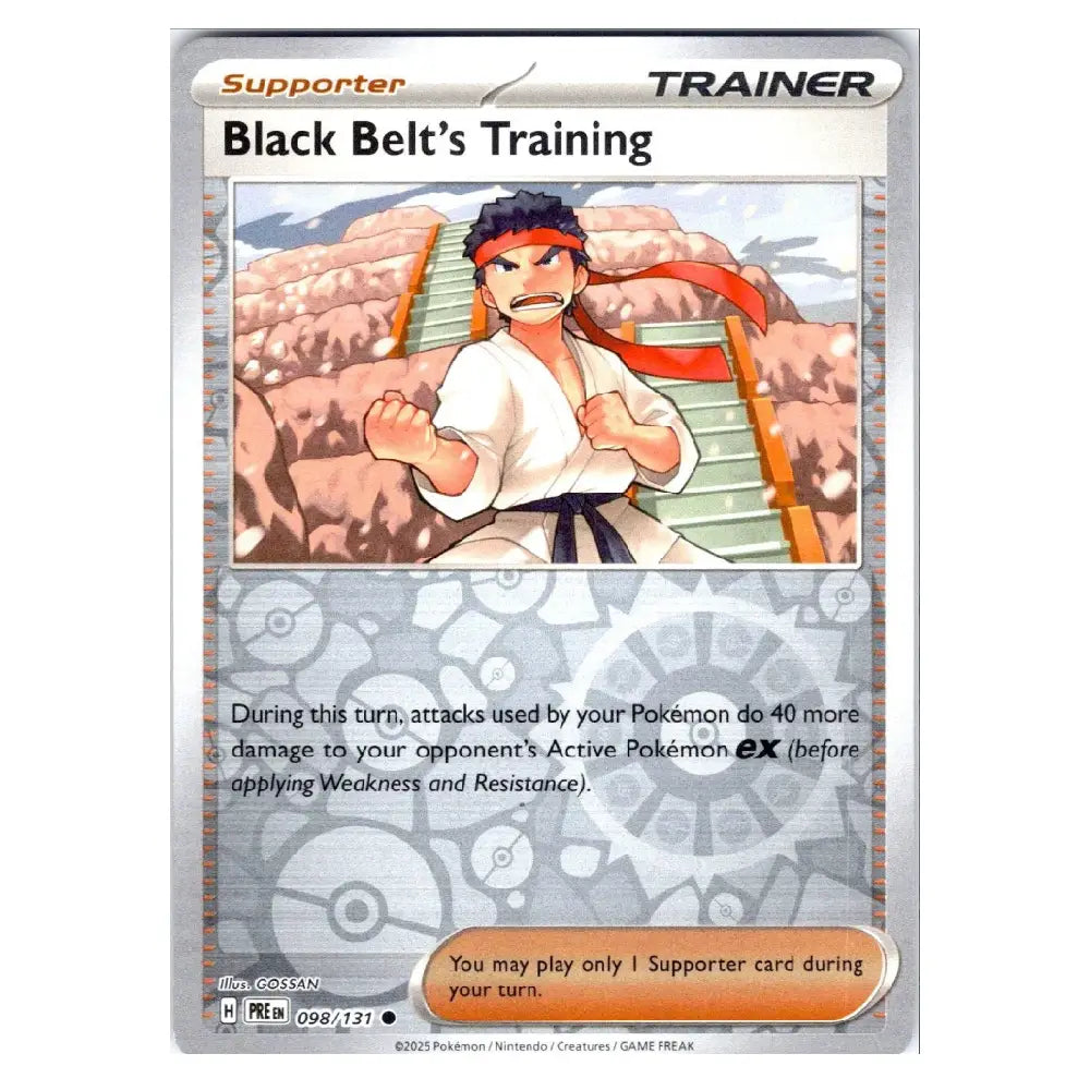 A Pokémon trading card titled "Black Belt's Training" shown upright against a plain light background. The card features illustrated artwork of a martial artist in a white gi with a red headband and black belt, with Pokémon-themed text and effects.