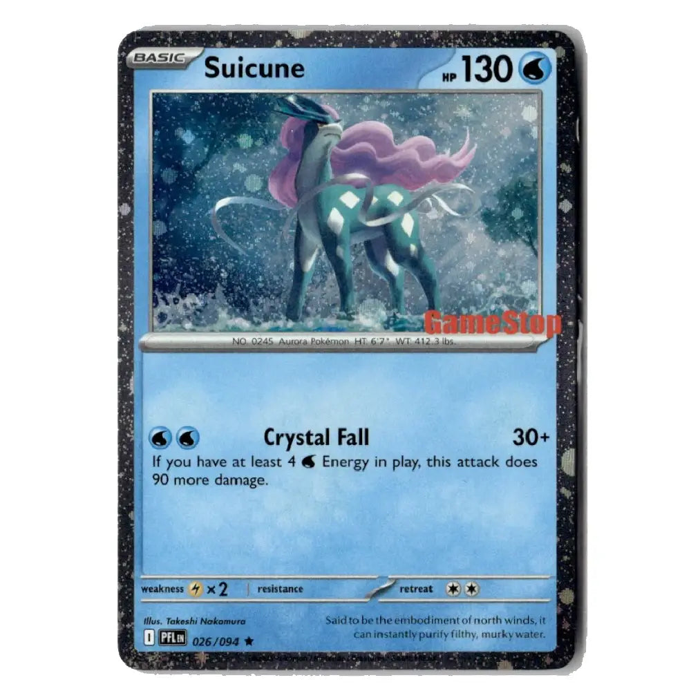 A single Pokémon trading card featuring Suicune from the Basic set, with a blue card face, black speckled border, and artwork of a cyan horse-like creature with pink hair. A red GameStop watermark is visible across the center.