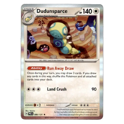 A single Pokémon trading card for Dudunsparce, shown against a plain light background. The card features artwork of a blue and yellow creature in a brown underground setting, with text including 'Ability Run Away Draw' and 'Land Crush 90'.