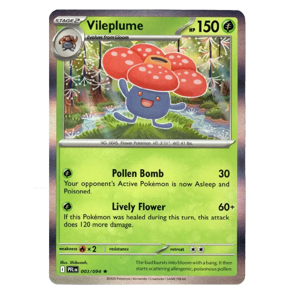 A holographic Pokémon trading card of Vileplume from the Silver Tempest expansion, featuring a blue flower character under large red mushrooms in a forest. The card has a green text box and is shown on a plain white background.