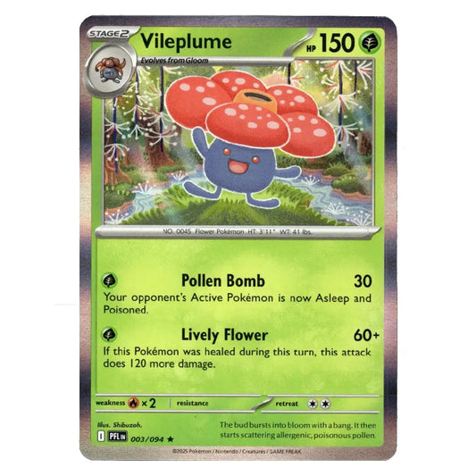 A holographic Pokémon trading card of Vileplume from the Silver Tempest expansion, featuring a blue flower character under large red mushrooms in a forest. The card has a green text box and is shown on a plain white background.
