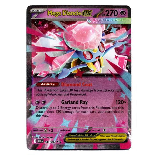 A single Pokémon trading card featuring Mega Diancie EX from the TCG, with a pink and blue crystalline character on a dark card face and visible text including 'Mega Diancie EX' and '270'.