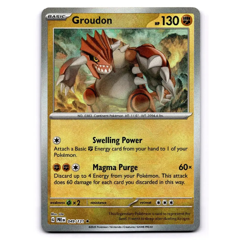 A single Pokémon trading card for Groudon from the Basic set, shown upright against a plain white background. The card features a gold and gray border, artwork of Groudon in the center, and text detailing its Swelling Power and Magma Purge ability.