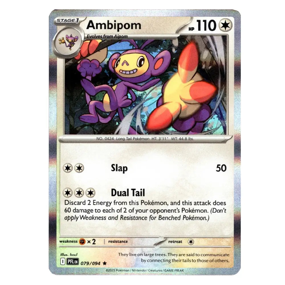 A single Pokémon trading card for Ambipom, shown flat against a plain white background. The card features artwork of the purple and orange Pokémon, with text boxes for moves and stats, and a holographic silver border.