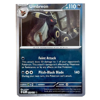 A single Pokémon trading card for Umbreon, shown flat against a plain white background. The card features Umbreon artwork, stage and HP information, and the moves Feint Attack and Pitch-Black Blade.