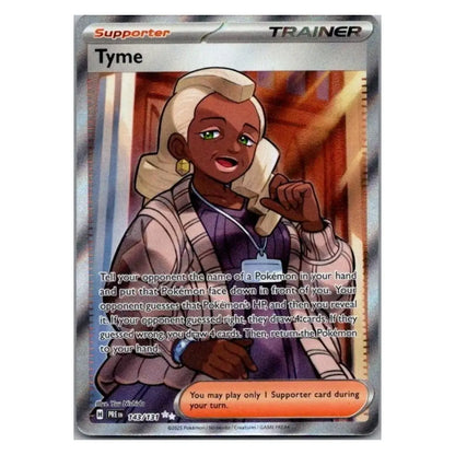 A Pokémon TCG card for Tyme, a Supporter Trainer card. The card features a silver holographic border, the 'Supporter' and 'Trainer' labels, and an illustration of Tyme with light hair, a purple top, and a plaid jacket.