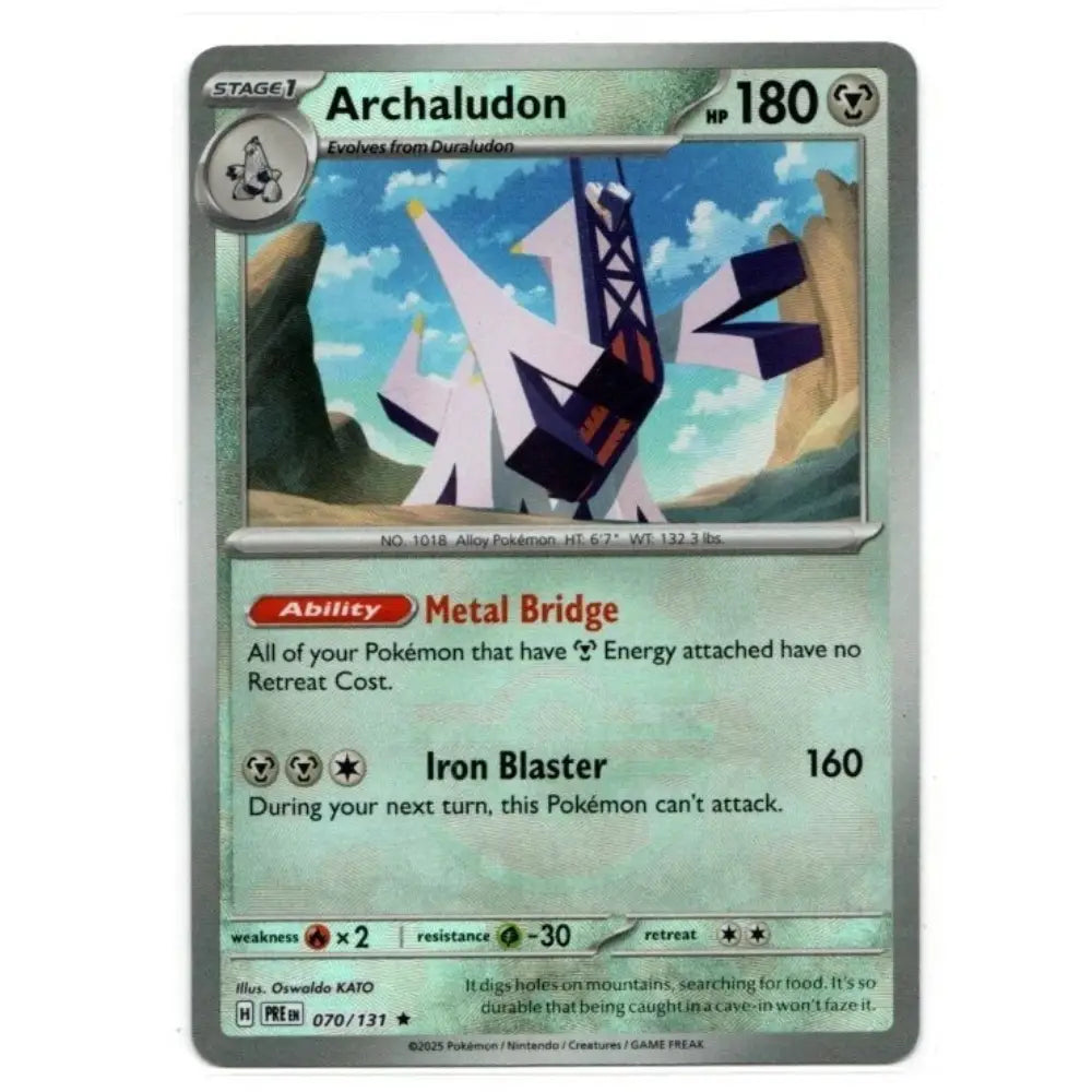 A single Pokémon trading card for Archaludon, shown against a plain white background. The card features a silver-gray border, a light greenish-blue lower section, and artwork of the Pokémon in a rocky blue-and-white landscape.