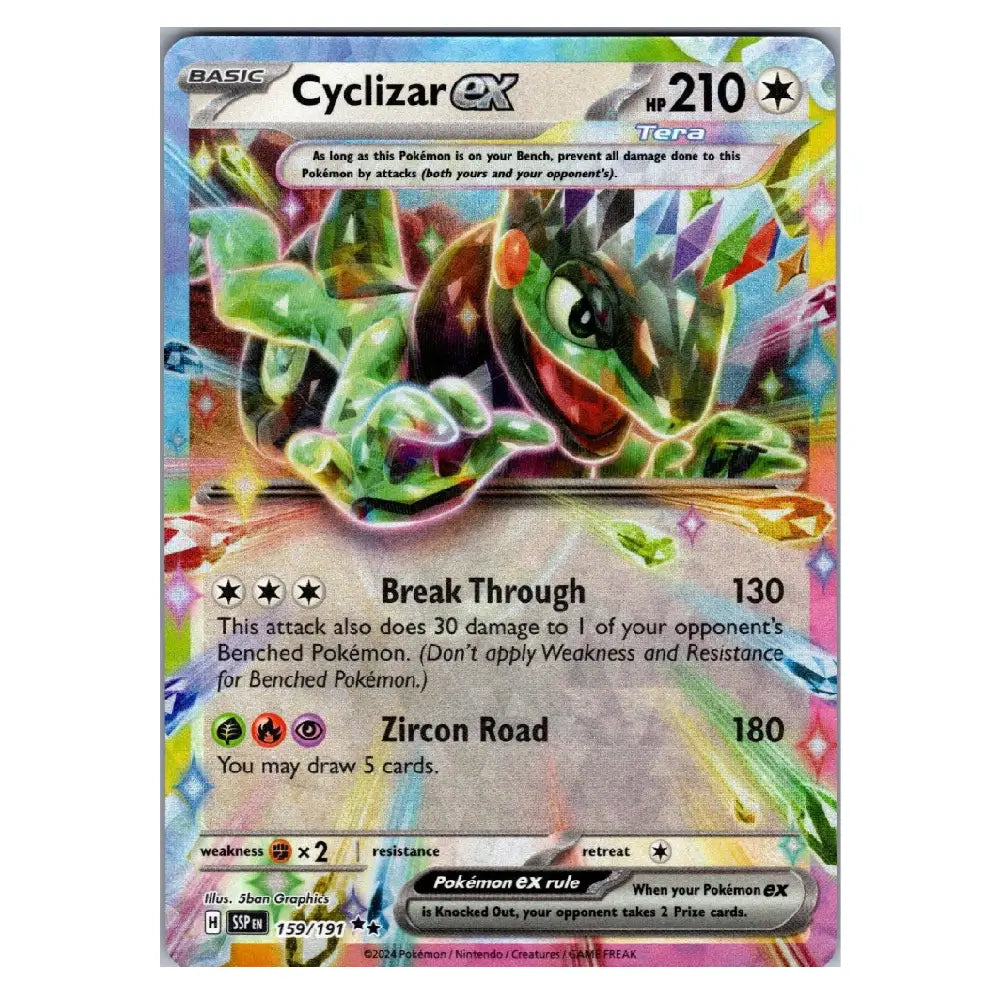 A single Pokémon trading card for Cyclizar EX from the Tera expansion, shown against a plain white background. The card features a colorful holographic foil finish with a large illustration of Cyclizar in green and red tones, plus attack and text boxes with black, gray, and white text.