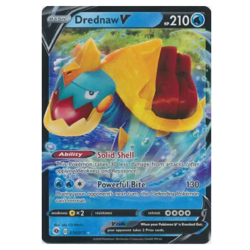 A single Pokémon trading card featuring Drednaw V, a blue and yellow water-type Pokémon with red shell details, shown against a plain white background.