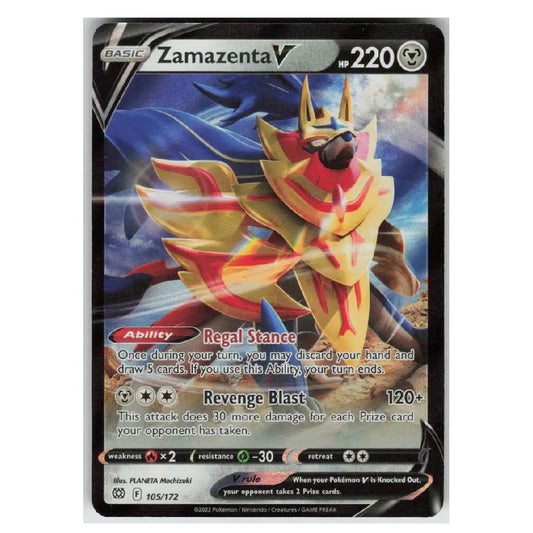A single Pokémon trading card featuring Zamazenta V, a gold and red armored creature with dark blue background artwork, shown against a plain white background.