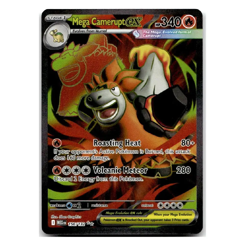 A single Pokémon trading card featuring Mega Camerupt EX, shown against a plain white background. The card has a black border and displays artwork of Mega Camerupt with red, orange, and green tones, along with game text and stats.