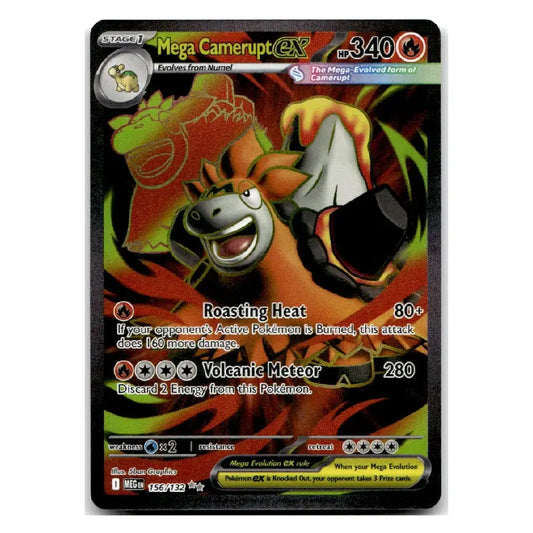 A single Pokémon trading card featuring Mega Camerupt EX, shown against a plain white background. The card has a black border and displays artwork of Mega Camerupt with red, orange, and green tones, along with game text and stats.