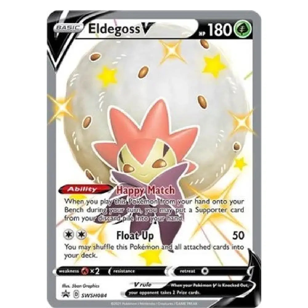 A Pokémon trading card featuring Eldegoss V, a Basic Stage card with a gray border, yellow star accents, and a white egg illustration in the center.