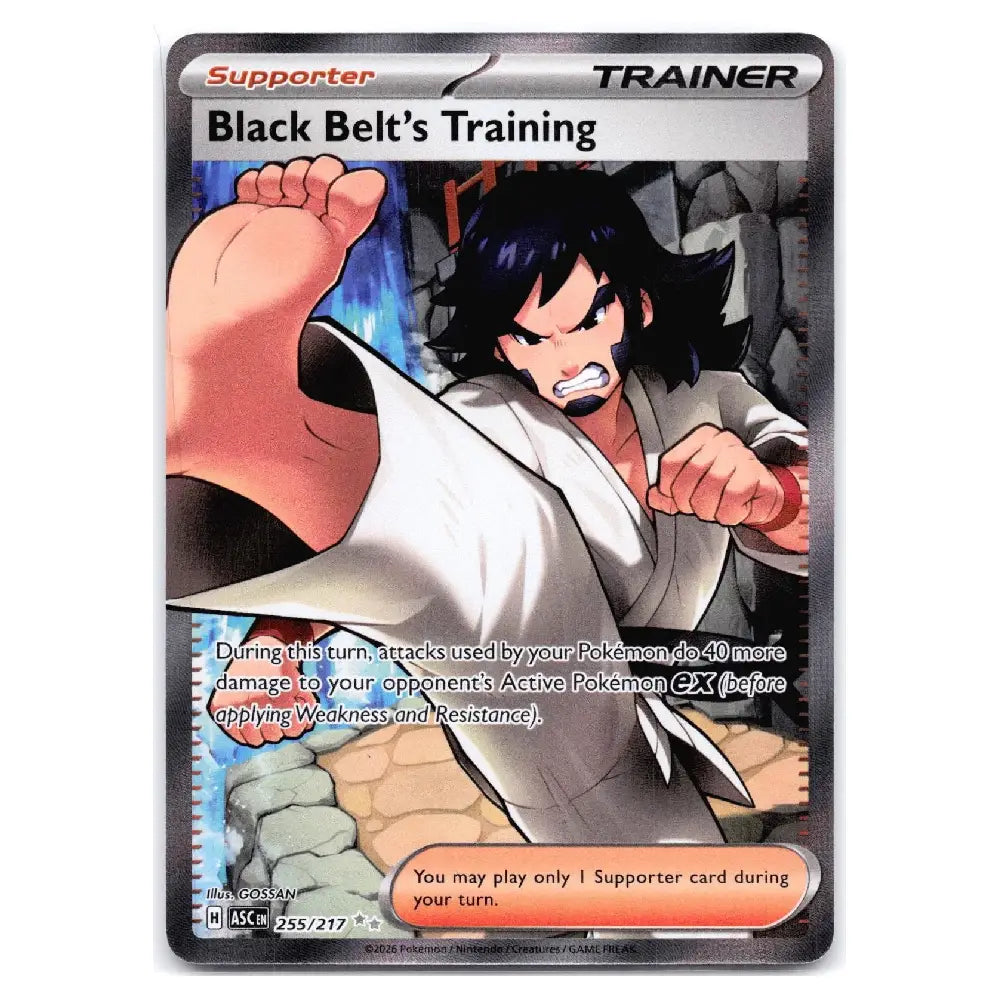 A single Pokémon trading card titled "Black Belt's Training" shown upright on a plain white background. The card is a Supporter Trainer card featuring illustrated artwork of a martial artist in a white gi with a raised fist, and text describing card effects.