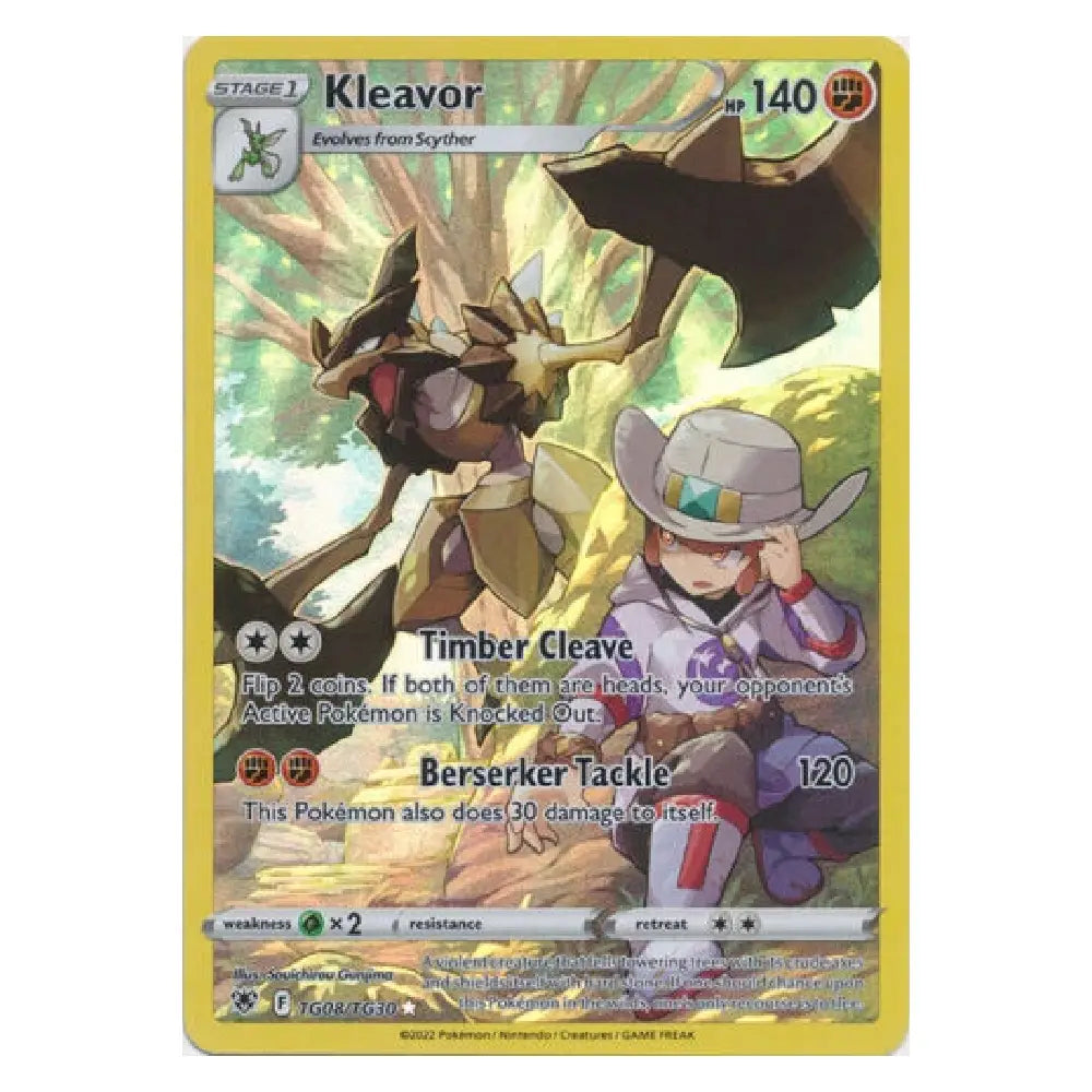 A single Pokémon trading card featuring Kleavor, a Stage 1 Grass-type Pokémon. The card has a yellow border, artwork of Kleavor and a trainer character in a forest, and text for moves Timber Claw and Berserk Tackle.