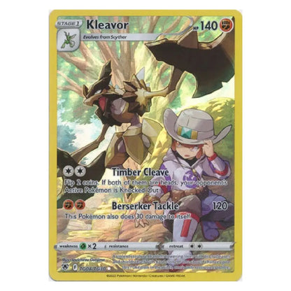 A single Pokémon trading card featuring Kleavor, a Stage 1 Grass-type Pokémon. The card has a yellow border, artwork of Kleavor and a trainer character in a forest, and text for moves Timber Claw and Berserk Tackle.