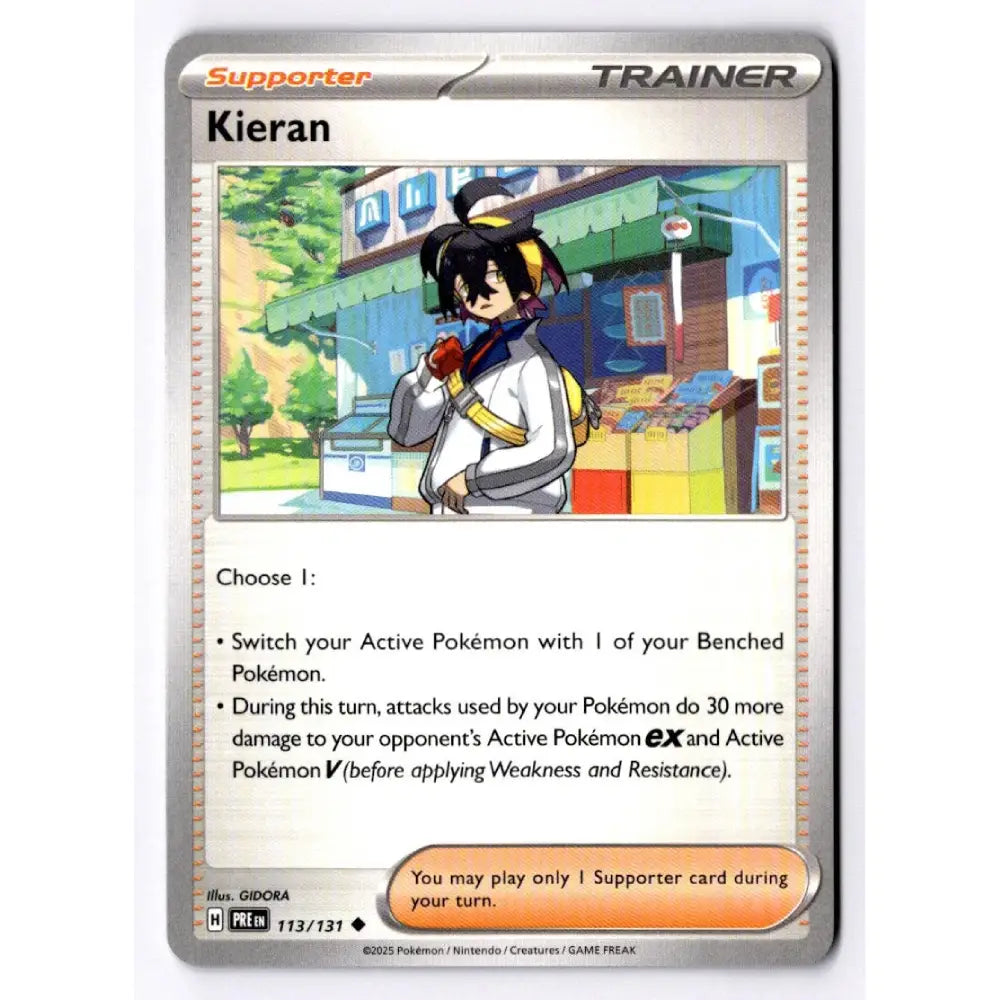 A Pokémon trading card for Kieran, a Supporter Trainer card from the 2025 TCG Expansion Year 1 Set. The card features a silver border, the 'Supporter' and 'Trainer' type labels, and an illustration of Kieran in a white and gray outfit holding a Pokémon.