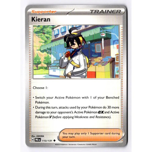 A Pokémon trading card for Kieran, a Supporter Trainer card from the 2025 TCG Expansion Year 1 Set. The card features a silver border, the 'Supporter' and 'Trainer' type labels, and an illustration of Kieran in a white and gray outfit holding a Pokémon.