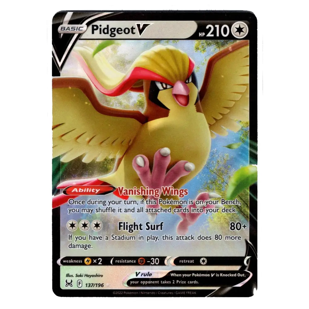 A single Pokémon trading card for Pidgeot, shown against a plain white background. The card features artwork of Pidgeot in yellow and red, with black border framing and game text visible.