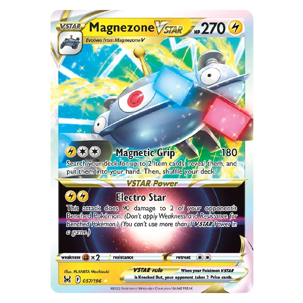 A single Pokémon trading card for Magnezone V from the VSTAR expansion, featuring a blue and gray Magnezone illustration with a pink magnetic block, set against a black card frame with yellow and blue text and effects.