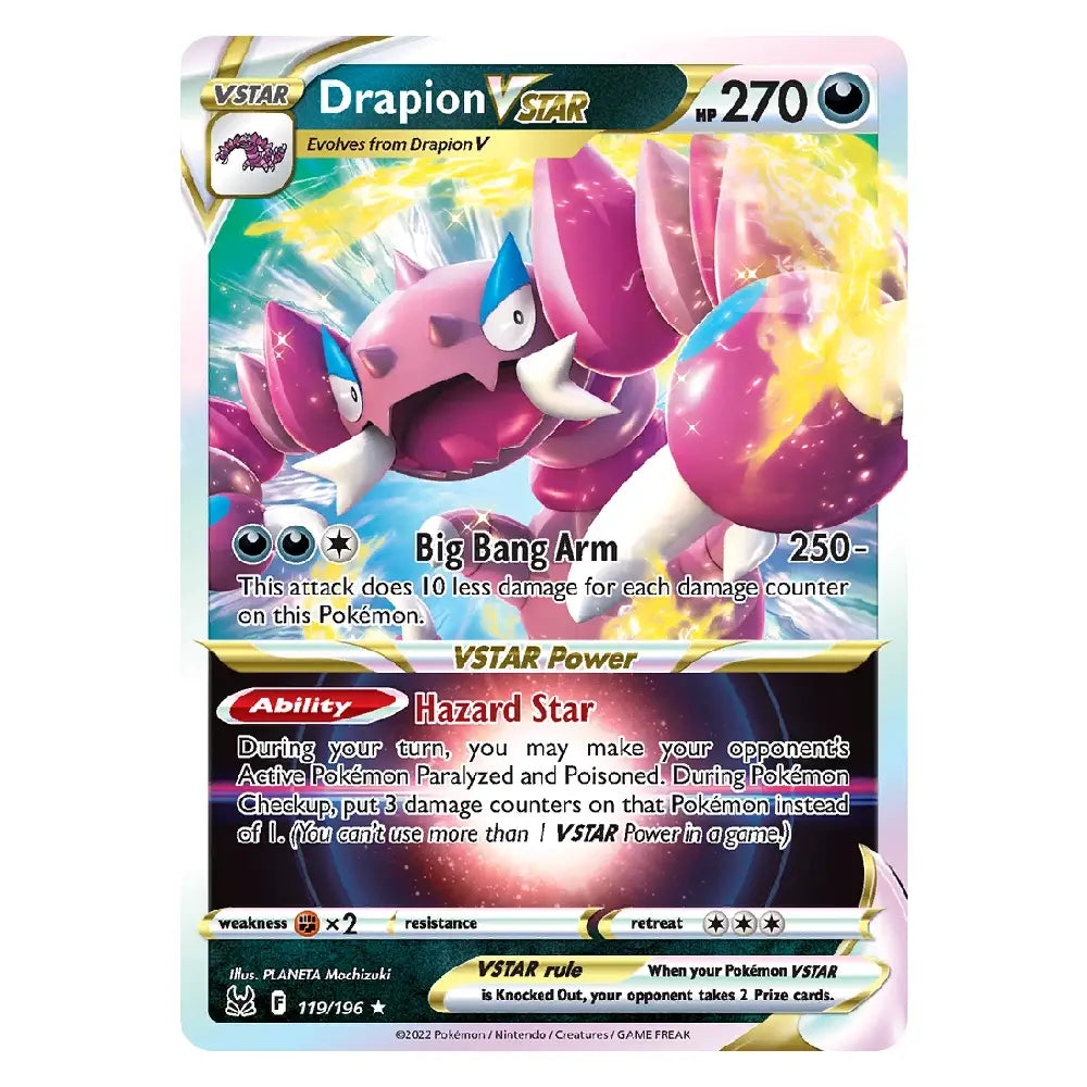 A single Pokémon trading card featuring Drapion VSTAR, with artwork of a pink and purple dragon-like Pokémon, battle text, and a holographic foil card design on a light gray background.