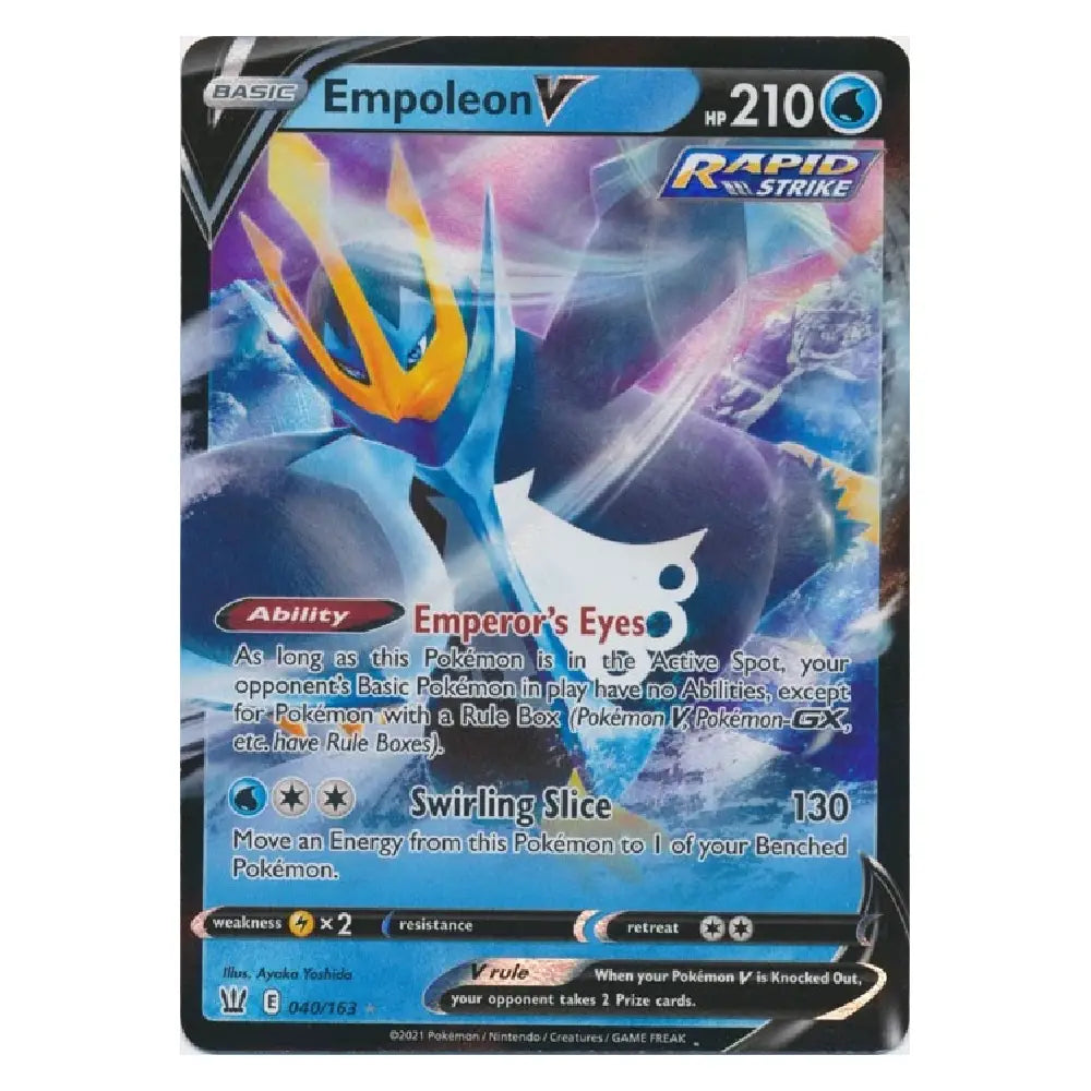 A single Pokémon trading card for Empoleon V from the Rapid Strike set, featuring artwork of a blue water-type Pokémon with orange/yellow accents on a dark card face.