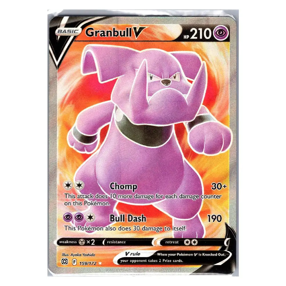 A single Pokémon trading card featuring Granbull V, a purple elephant-like Pokémon, with a fiery orange and red background. The card includes attack text such as Chomp and Bull Dash, and is photographed against a plain white background.