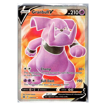 A single Pokémon trading card featuring Granbull V, a purple elephant-like Pokémon, with a fiery orange and red background. The card includes attack text such as Chomp and Bull Dash, and is photographed against a plain white background.