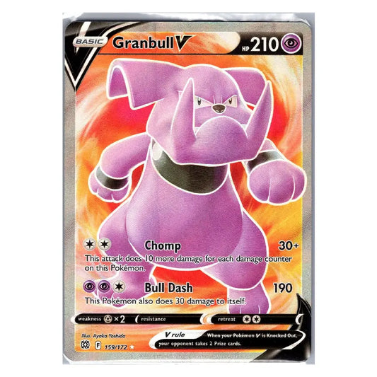 A single Pokémon trading card featuring Granbull V, a purple elephant-like Pokémon, with a fiery orange and red background. The card includes attack text such as Chomp and Bull Dash, and is photographed against a plain white background.