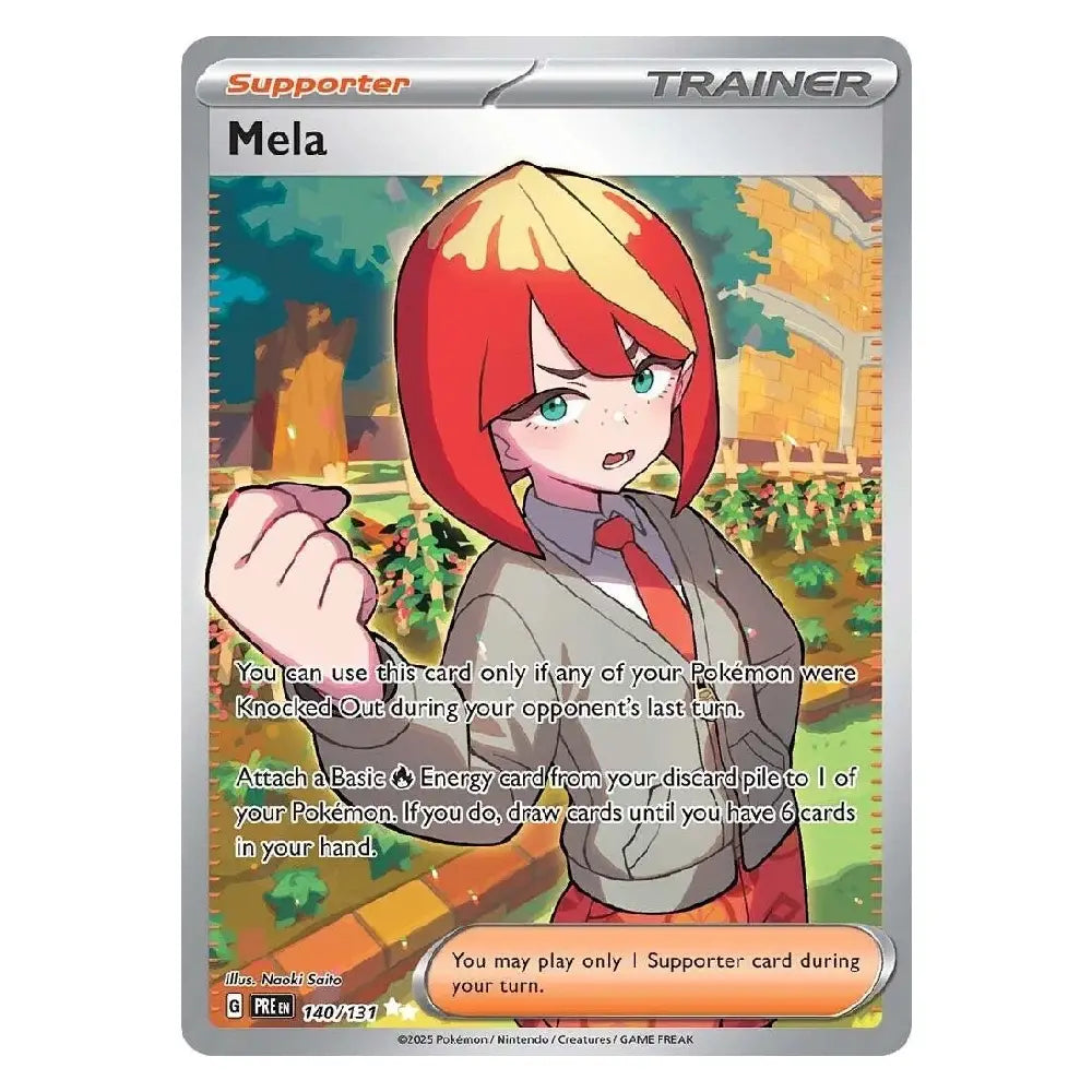 A Pokémon trading card featuring the character Mela, a Supporter Trainer card from the Scarlet & Violet expansion. The card has a gray border with orange and silver accents, and the character illustration shows Mela with red hair and a yellow headband in an outdoor setting.
