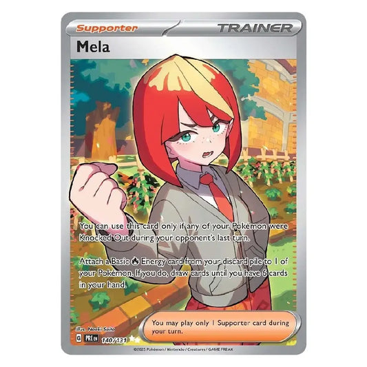 A Pokémon trading card featuring the character Mela, a Supporter Trainer card from the Scarlet & Violet expansion. The card has a gray border with orange and silver accents, and the character illustration shows Mela with red hair and a yellow headband in an outdoor setting.
