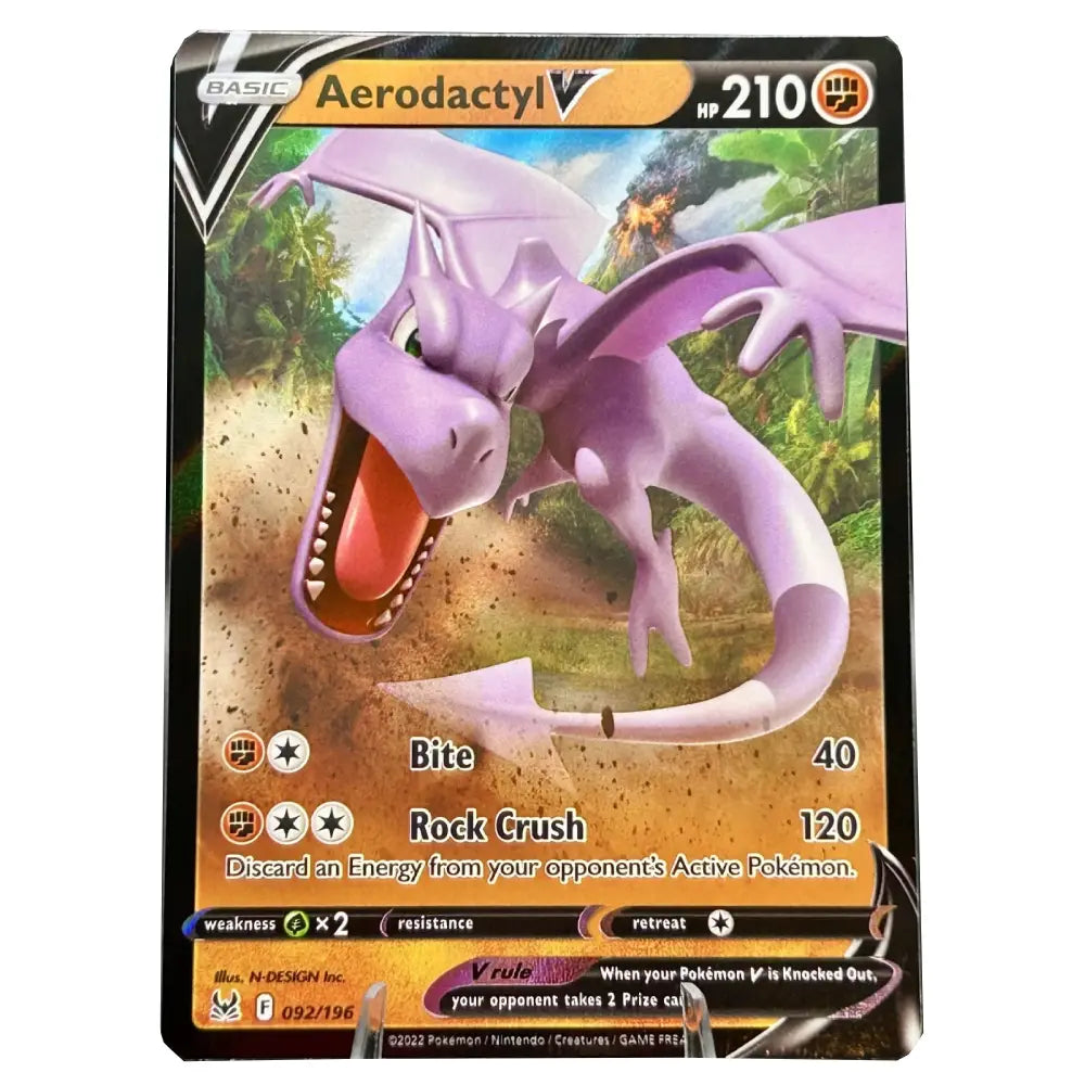 A single Pokémon trading card featuring Aerodactyl V, shown against a plain white background. The card has a black border with colorful artwork of the purple dragon in a sandy, forested environment.
